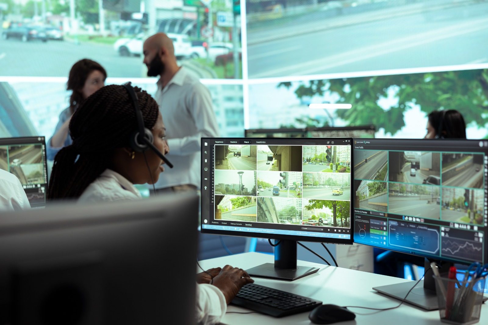 Operator monitoring surveillance feeds in a control room
